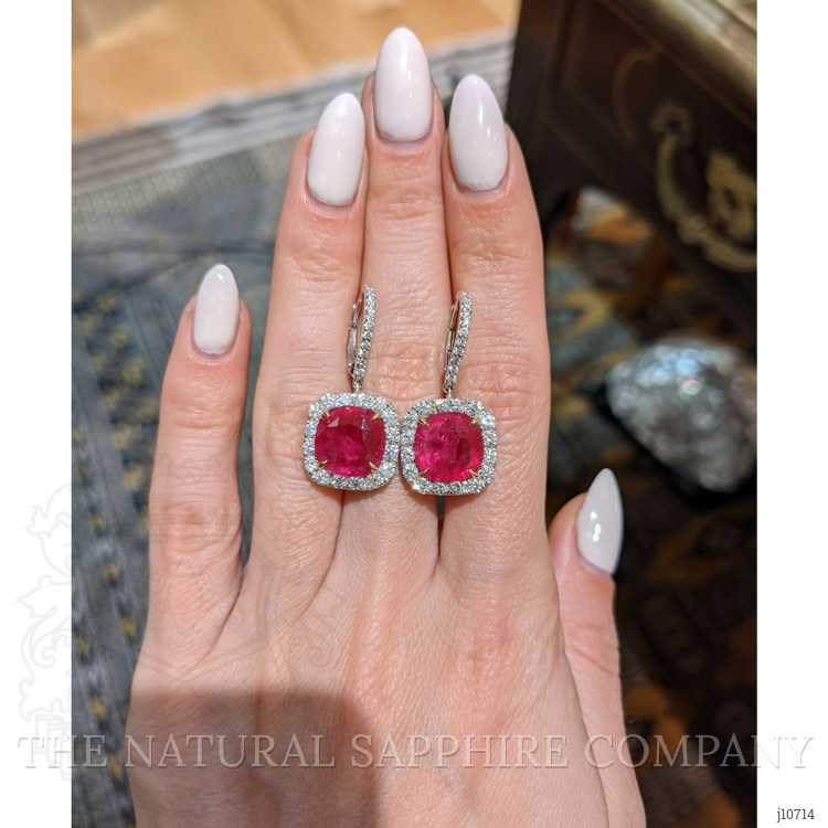 9.65 Ct.Tw. Ruby Natural Diamond Halo Earrings, 18K White Gold