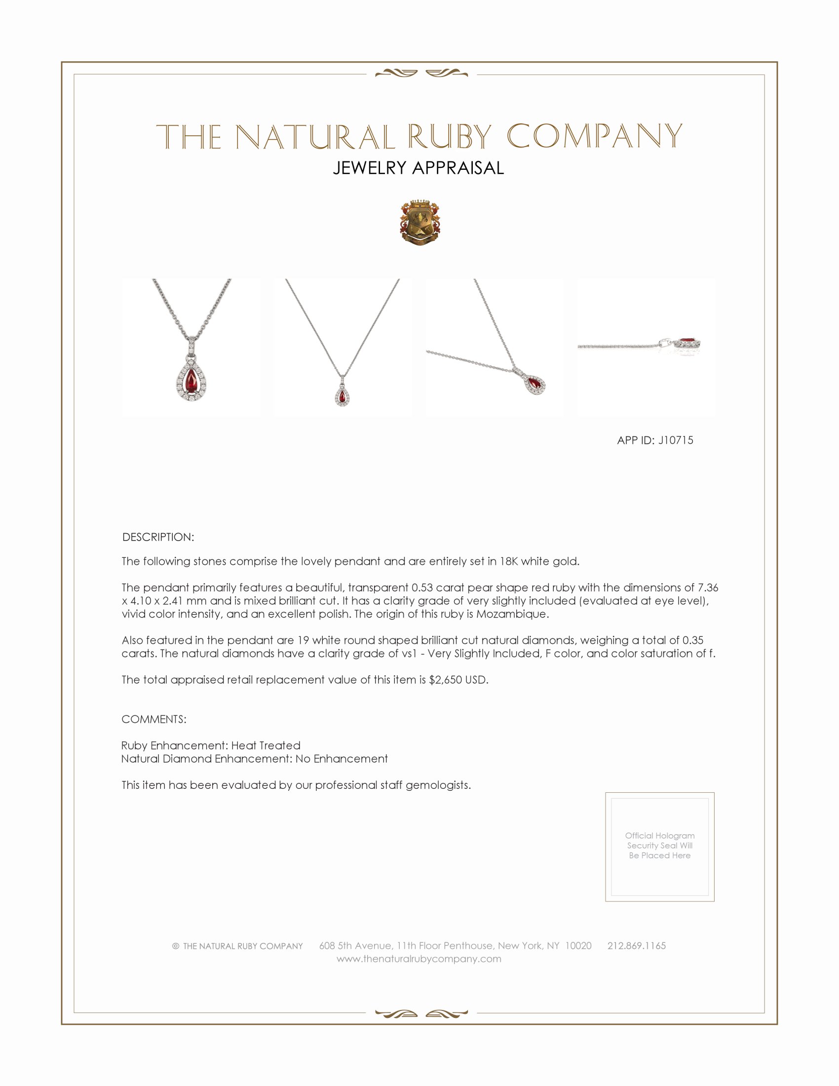 0.53 Ct. Ruby and Natural Diamond Halo Pendant, 18K White Gold