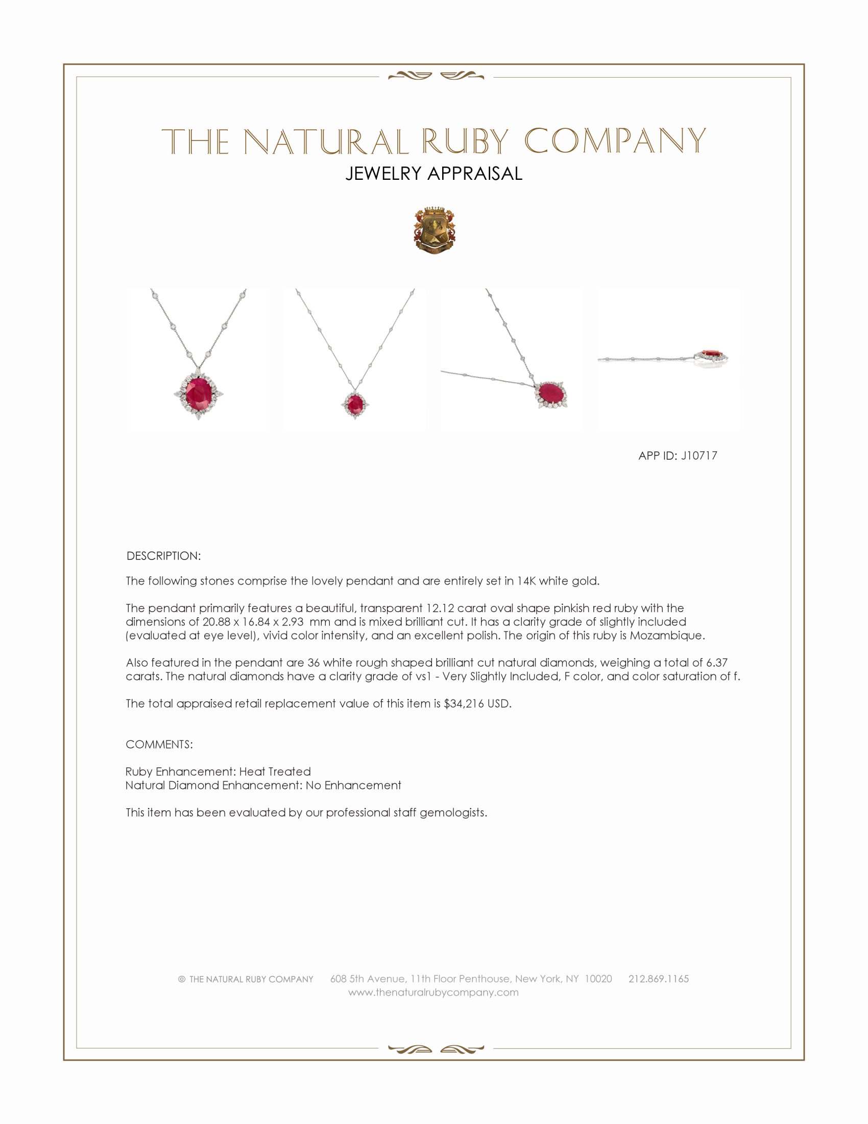 12.12 Ct. Pinkish Red Ruby and Natural Diamond Antique Style Pendant, 14K White Gold