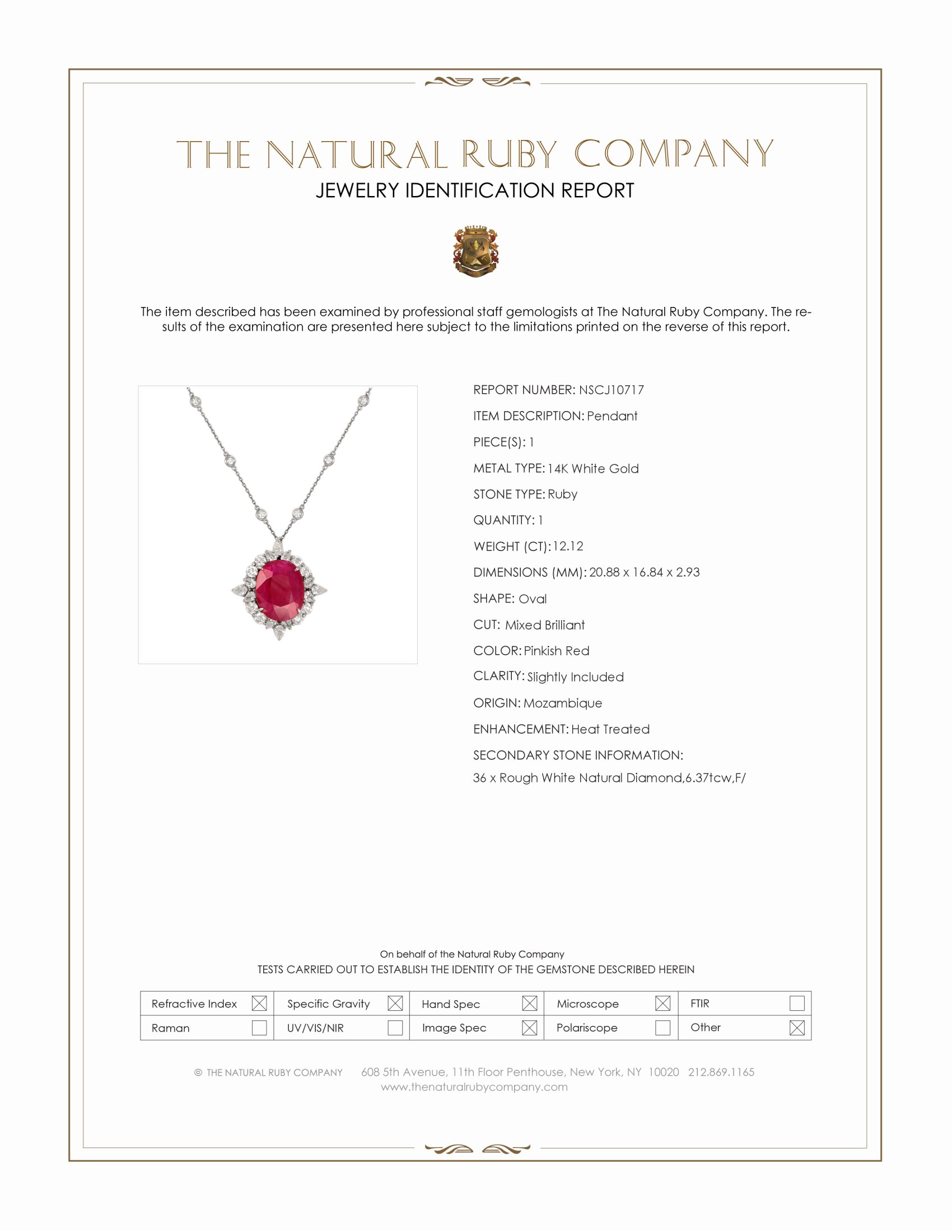 12.12 Ct. Pinkish Red Ruby and Natural Diamond Antique Style Pendant, 14K White Gold