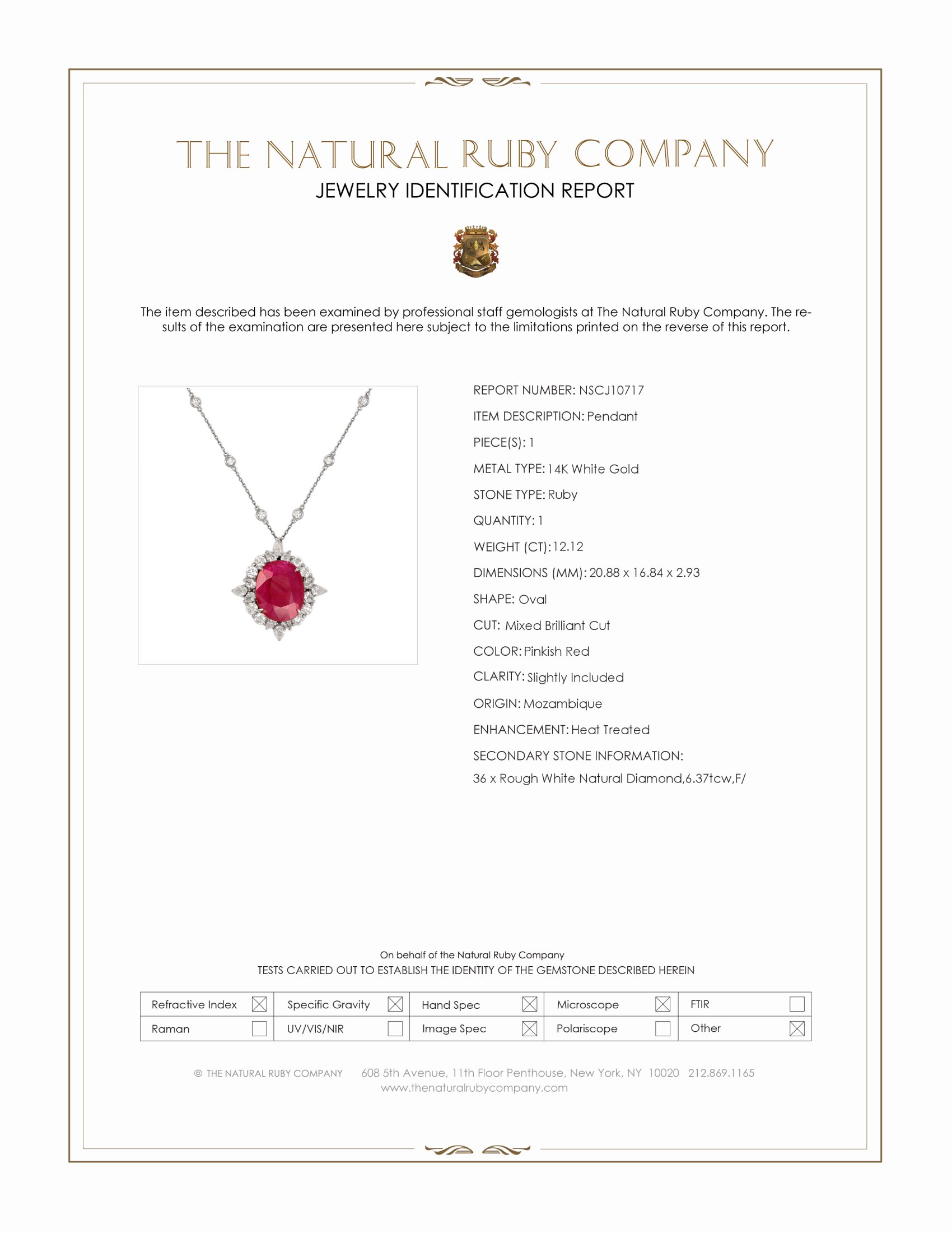 12.12 Ct. Pinkish Red Ruby and Natural Diamond Antique Style Pendant, 14K White Gold