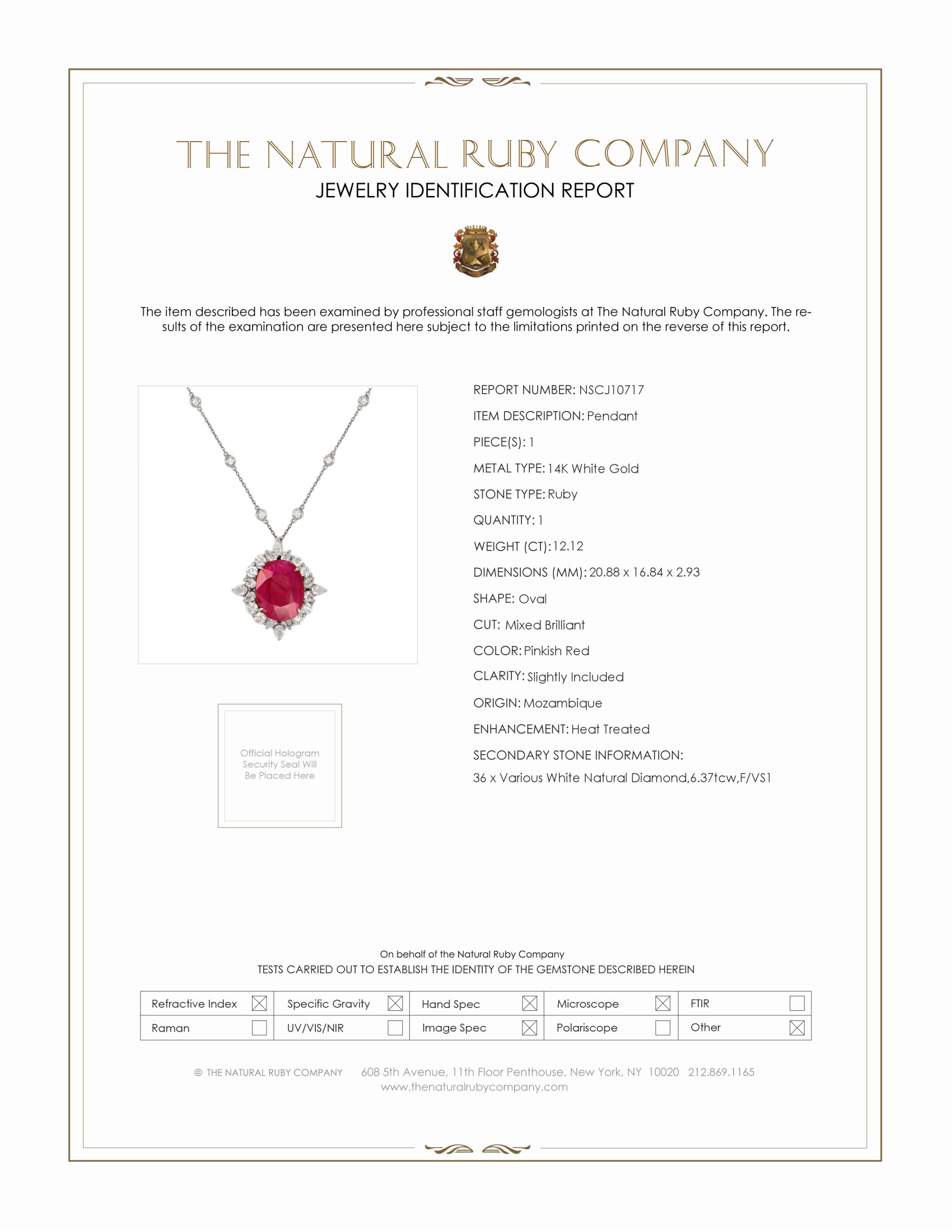 12.12 Ct. Ruby Natural Diamond Antique Style Pendant, 14K White Gold