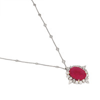 12.12 Ct. Ruby Natural Diamond Antique Style Pendant, 14K White Gold Image
