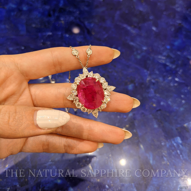 12.12 Ct. Ruby Natural Diamond Antique Style Pendant, 14K White Gold