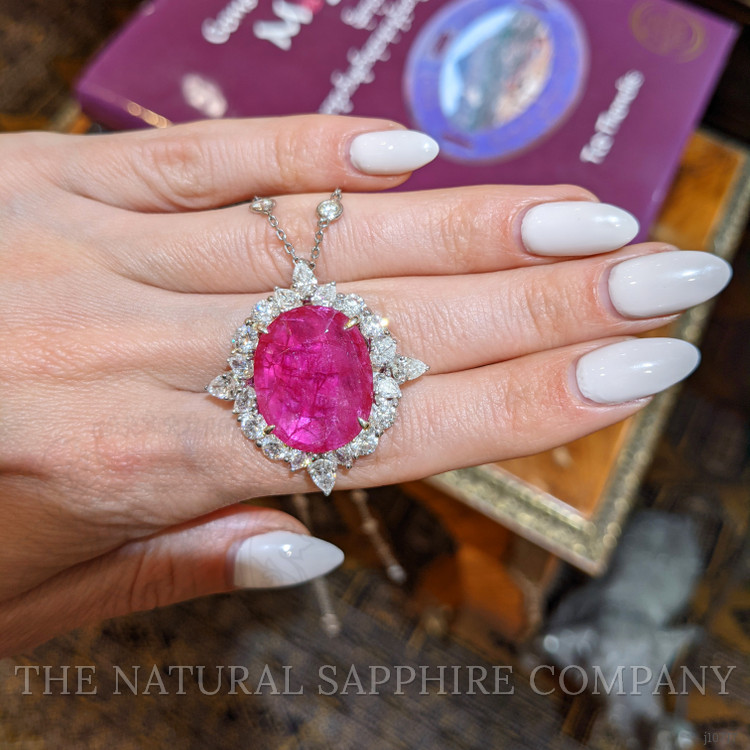 12.12 Ct. Ruby Natural Diamond Antique Style Pendant, 14K White Gold