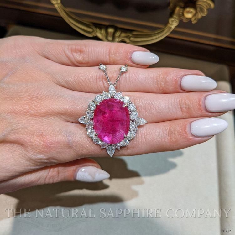 12.12 Ct. Ruby Natural Diamond Antique Style Pendant, 14K White Gold