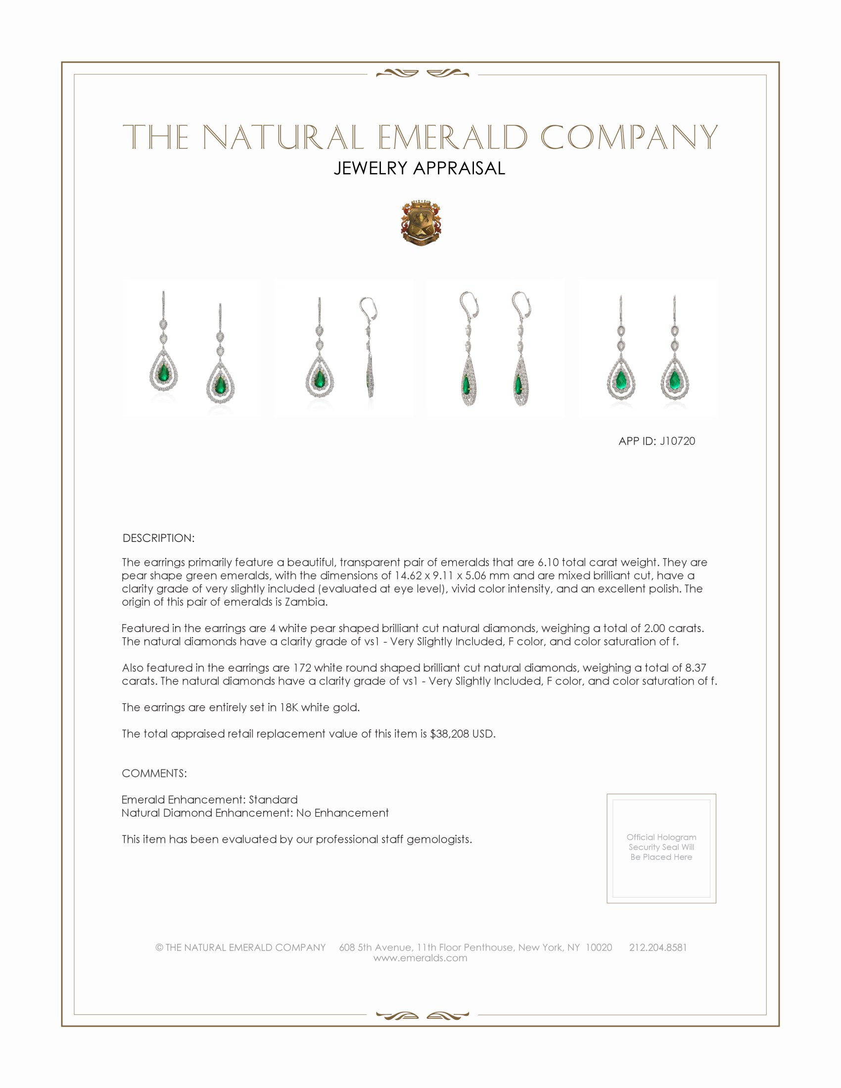 6.10 Ct.Tw. Emerald and Natural Diamond Halo Earrings, 18K White Gold