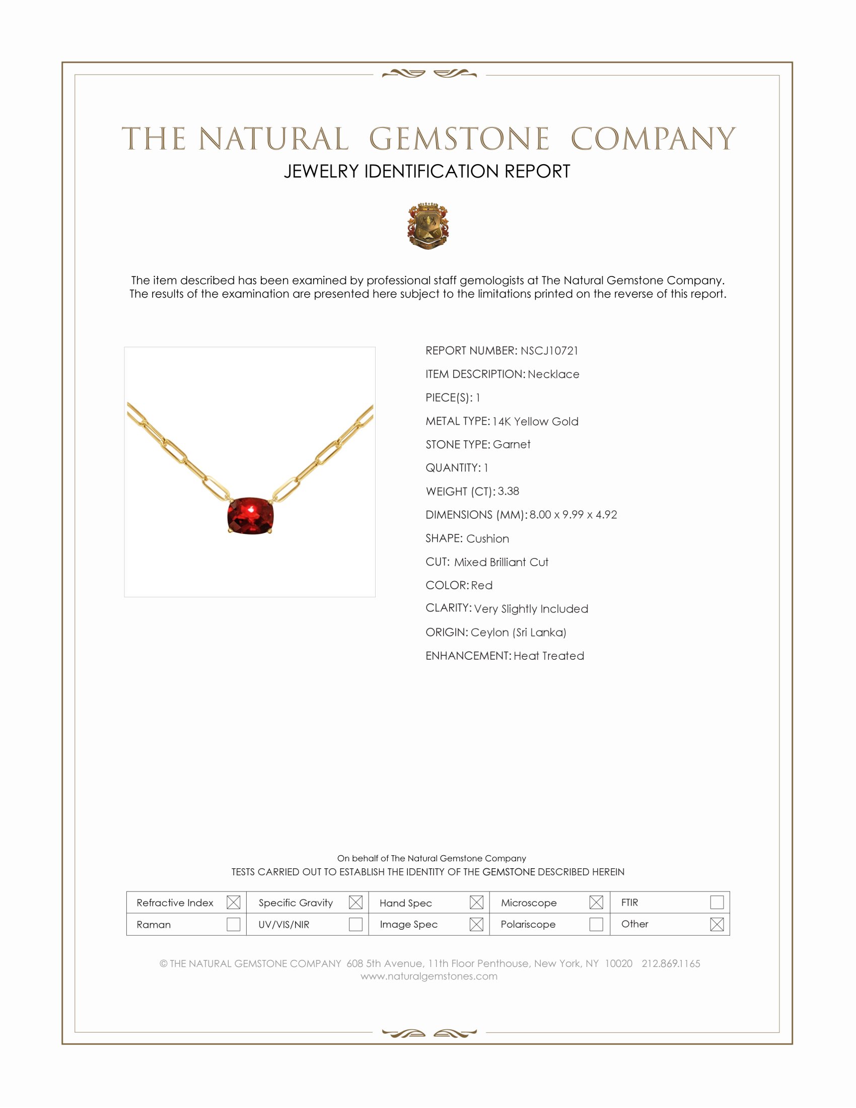 3.38 Ct. Red Garnet Solitaire Necklace, 14K Yellow Gold
