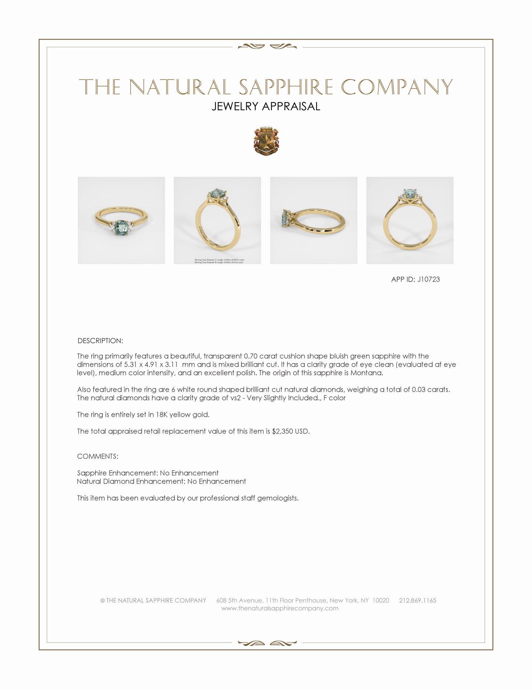 0.70 Ct. Bluish Green Sapphire and Natural Diamond Accent Stones Ring, 18K Yellow Gold