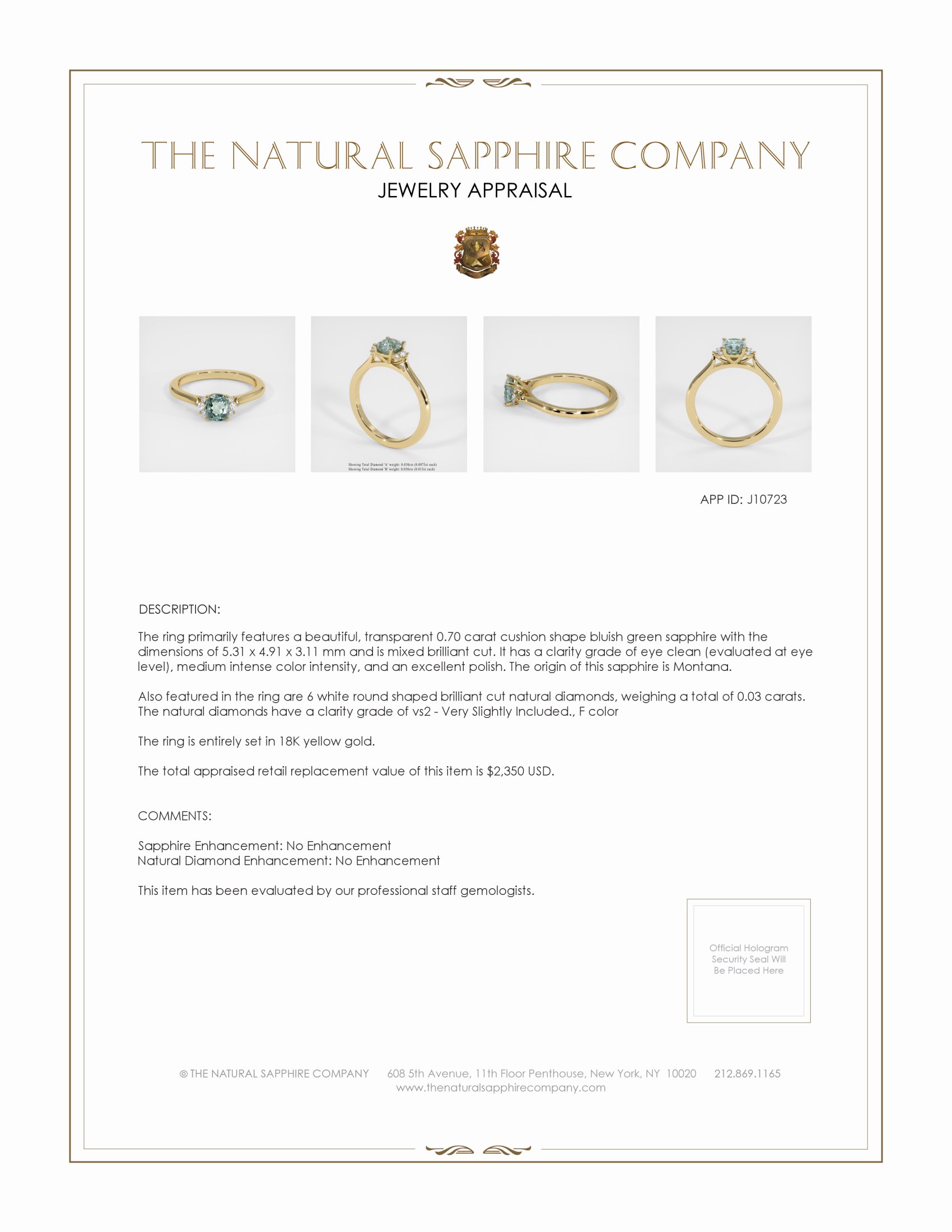 0.70 Ct. Bluish Green Sapphire and Natural Diamond Accent Stones Ring, 18K Yellow Gold