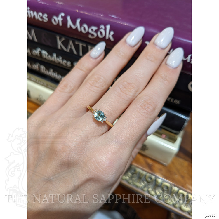 0.70 Ct. Bluish Green Sapphire and Natural Diamond Accent Stones Ring, 18K Yellow Gold