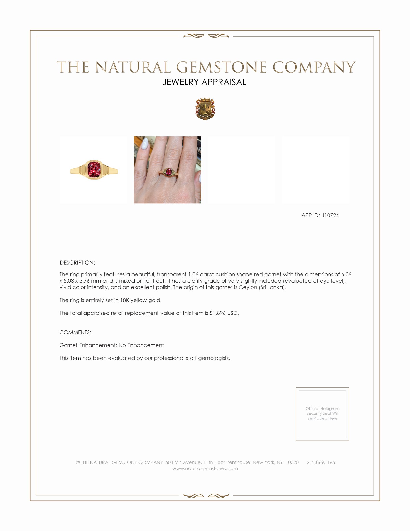 1.06 Ct. Garnet Bezel Ring, 18K Yellow Gold