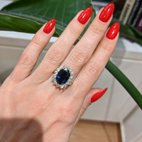 5.64 Ct. Blue Sapphire and Natural Diamond Halo Ring, 14K Yellow Gold Life Style