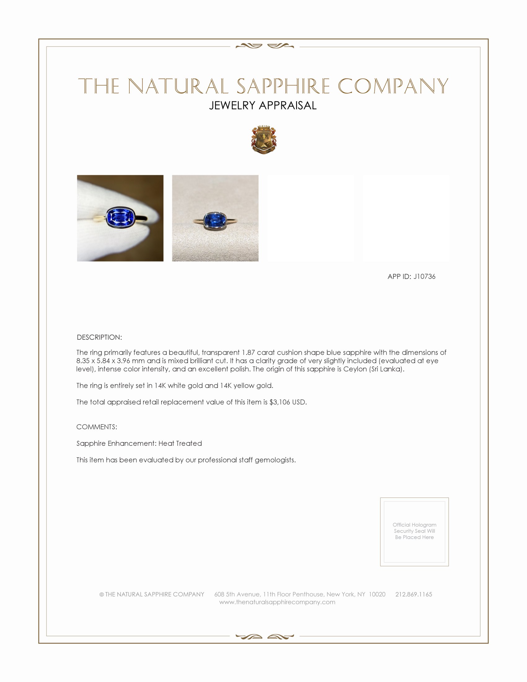 1.87 Ct. Blue Sapphire Bezel Ring, 14K White & Yellow