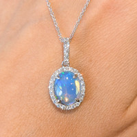 1.09 Ct. Opal Natural Diamond Halo Pendant, 14K White Gold Image