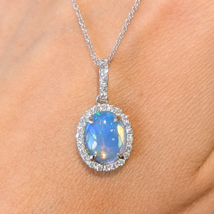 1.09 Ct. Opal Natural Diamond Halo Pendant, 14K White Gold