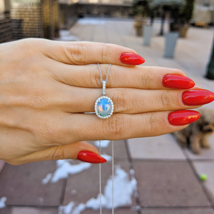 1.09 Ct. Opal Natural Diamond Halo Pendant, 14K White Gold