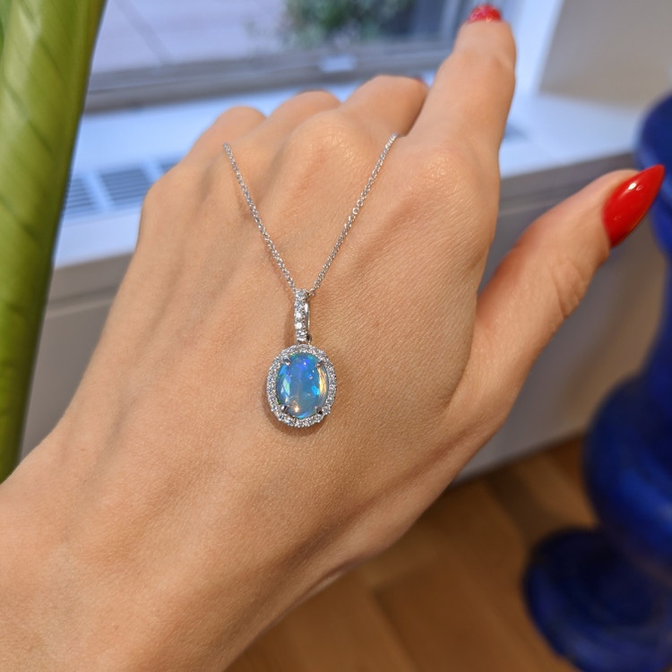 1.09 Ct. Opal Natural Diamond Halo Pendant, 14K White Gold