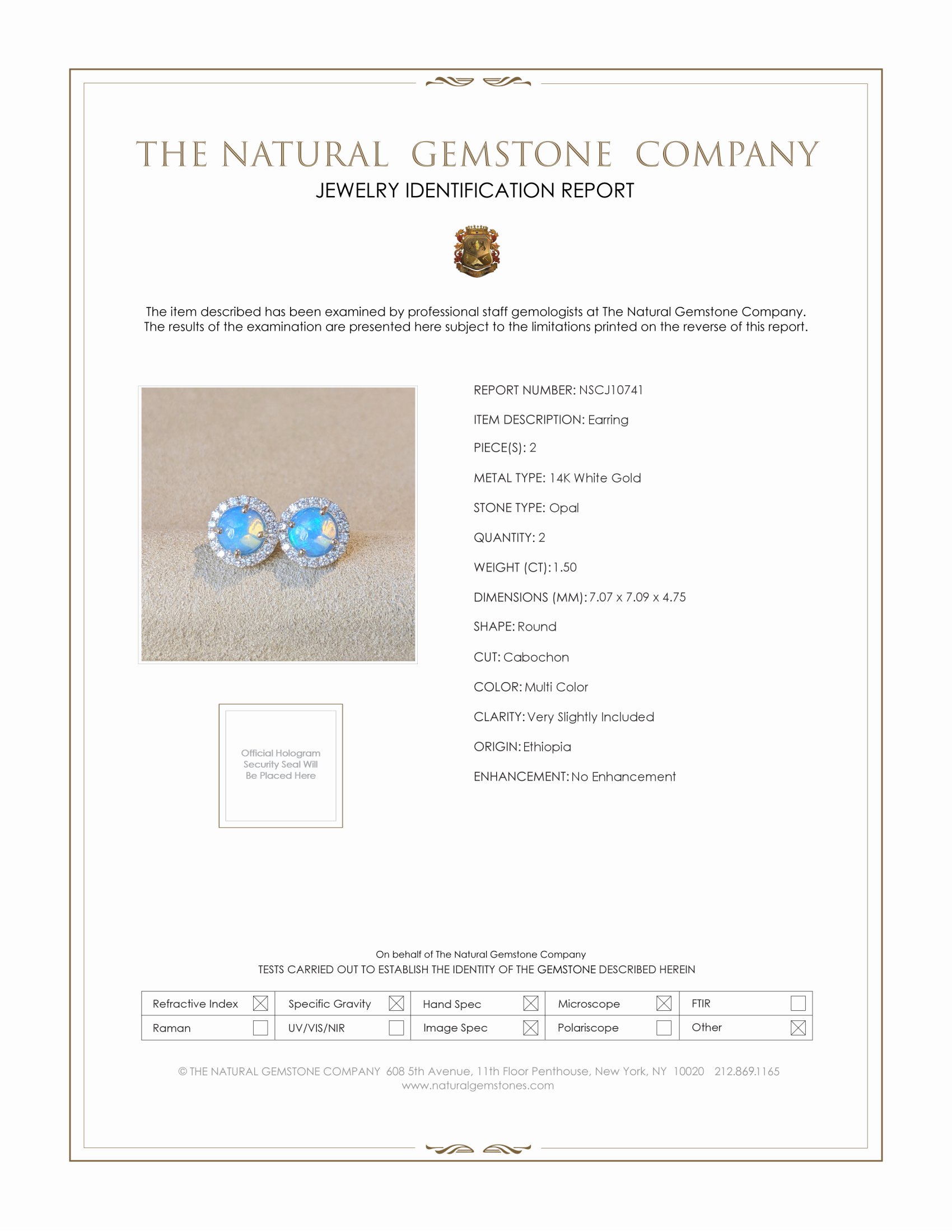 1.50 Ct.Tw. Opal Natural Diamond Studs Earrings, 14K White Gold