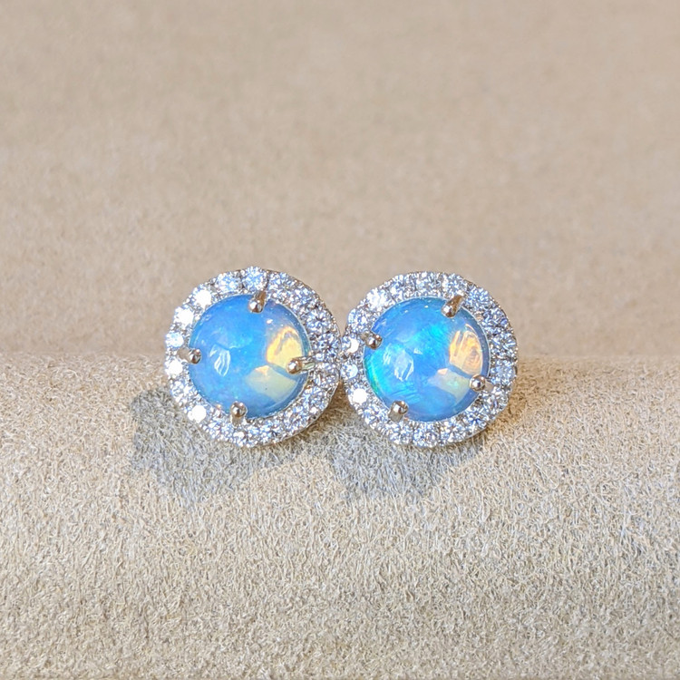 1.50 Ct.Tw. Opal Natural Diamond Studs Earrings, 14K White Gold
