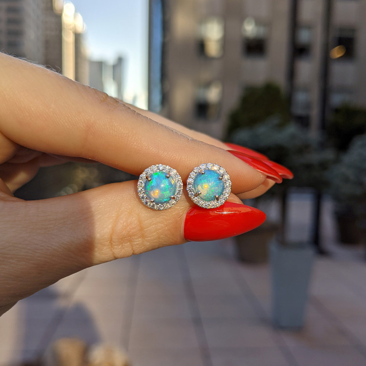 1.50 Ct.Tw. Opal Natural Diamond Studs Earrings, 14K White Gold