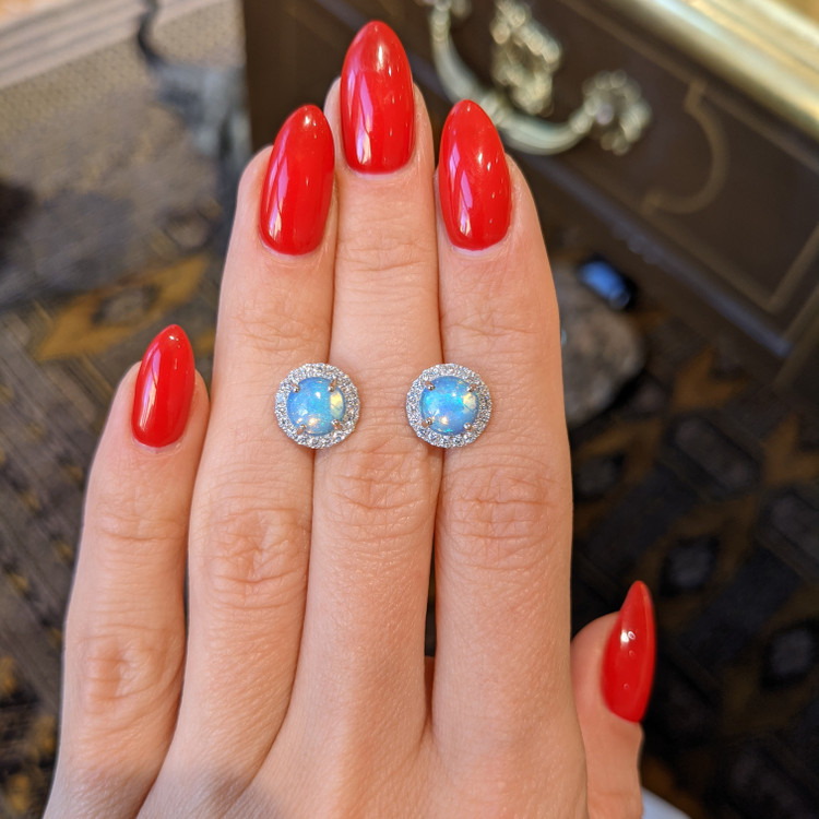 1.50 Ct.Tw. Opal Natural Diamond Studs Earrings, 14K White Gold