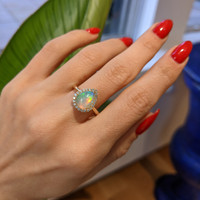 2.02 Ct. Opal Natural Diamond Halo Ring, 14K Yellow Gold Life Style