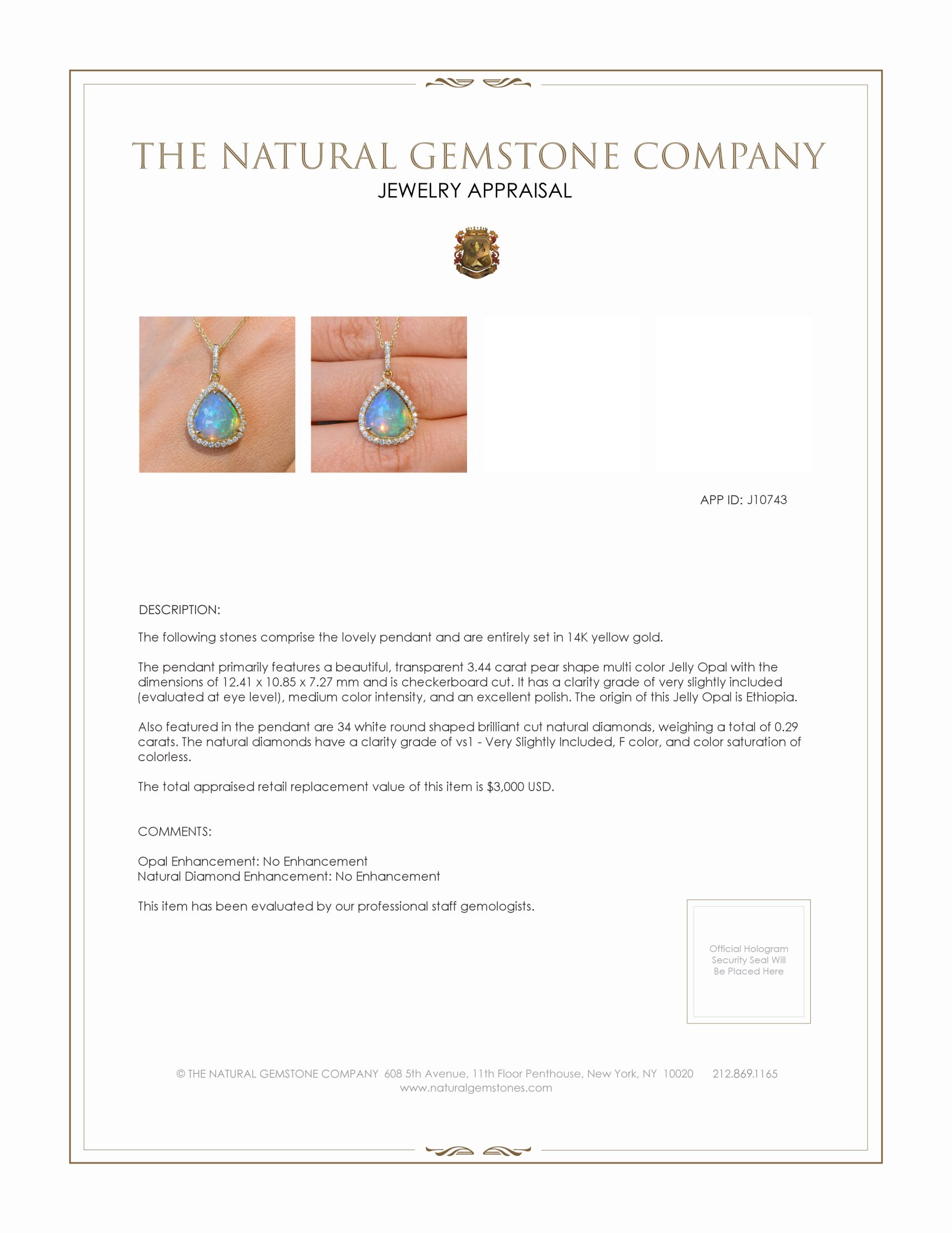 3.44 Ct. Opal Natural Diamond Halo Pendant, 14K Yellow Gold