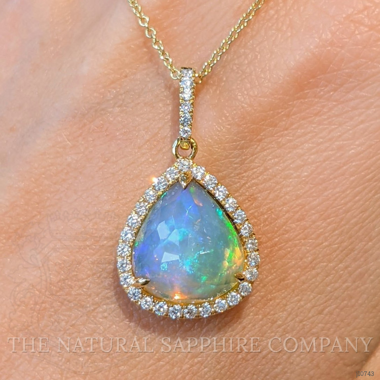 3.44 Ct. Opal Natural Diamond Halo Pendant, 14K Yellow Gold