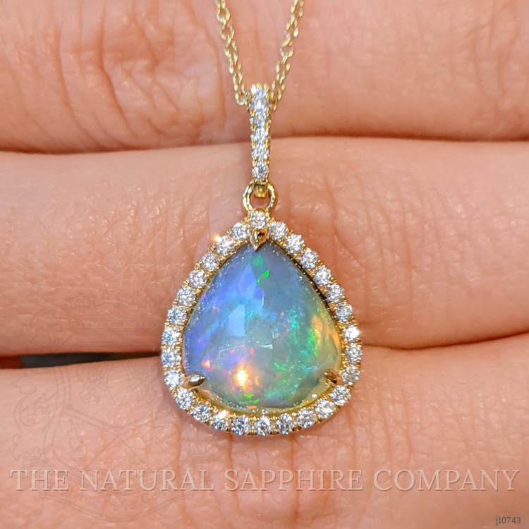 3.44 Ct. Opal Natural Diamond Halo Pendant, 14K Yellow Gold