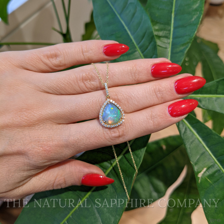 3.44 Ct. Opal Natural Diamond Halo Pendant, 14K Yellow Gold