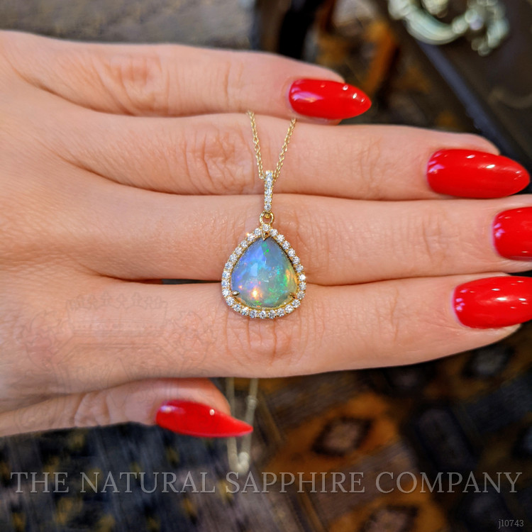 3.44 Ct. Opal Natural Diamond Halo Pendant, 14K Yellow Gold