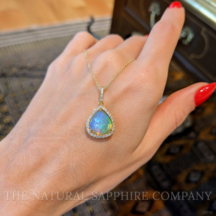 3.44 Ct. Opal Natural Diamond Halo Pendant, 14K Yellow Gold