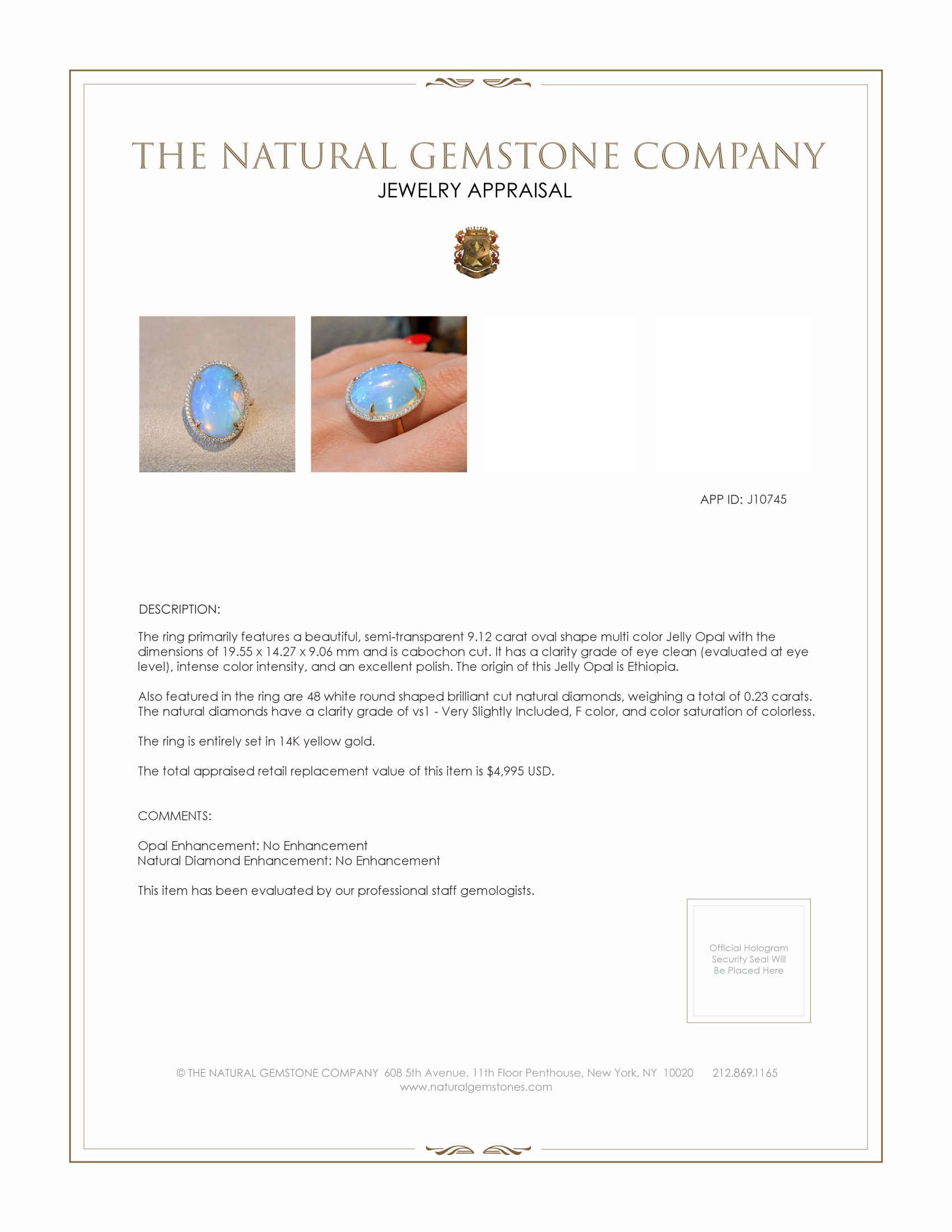 9.12 Ct. Opal Natural Diamond Antique Style Ring, 14K Yellow Gold