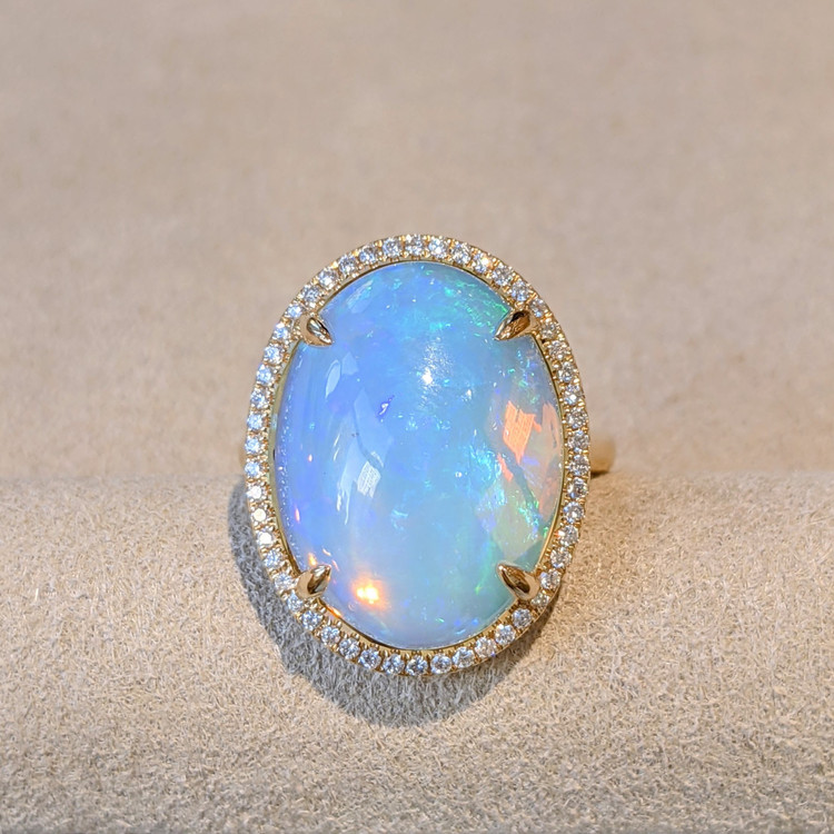 9.12 Ct. Opal Natural Diamond Antique Style Ring, 14K Yellow Gold