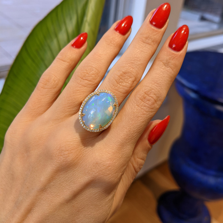 9.12 Ct. Opal Natural Diamond Antique Style Ring, 14K Yellow Gold