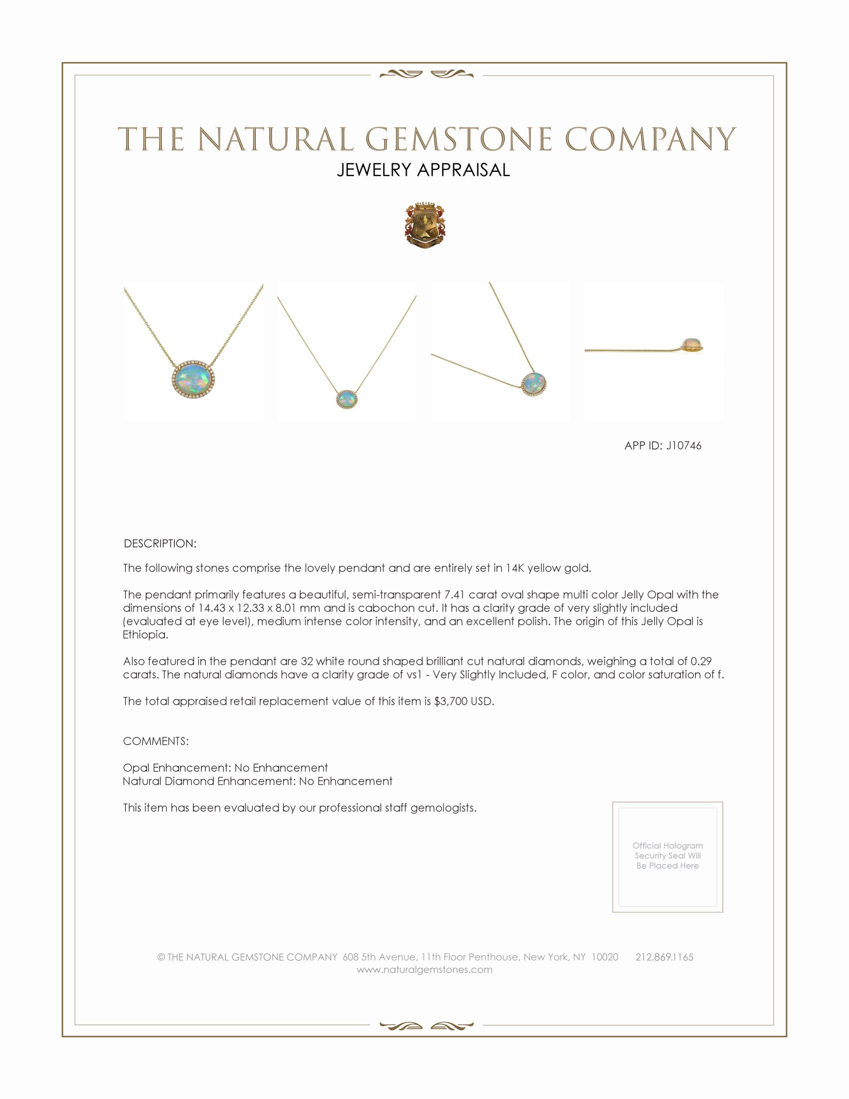 7.41 Ct. Opal Natural Diamond Antique Style Pendant, 14K Yellow Gold