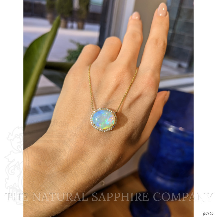 7.41 Ct. Opal Natural Diamond Antique Style Pendant, 14K Yellow Gold