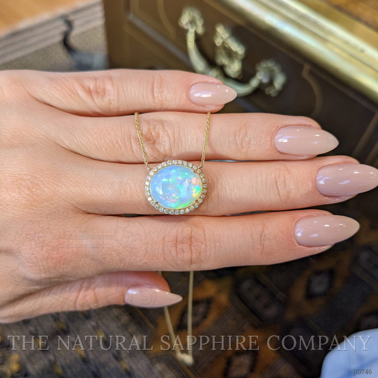 7.41 Ct. Opal Natural Diamond Antique Style Pendant, 14K Yellow Gold