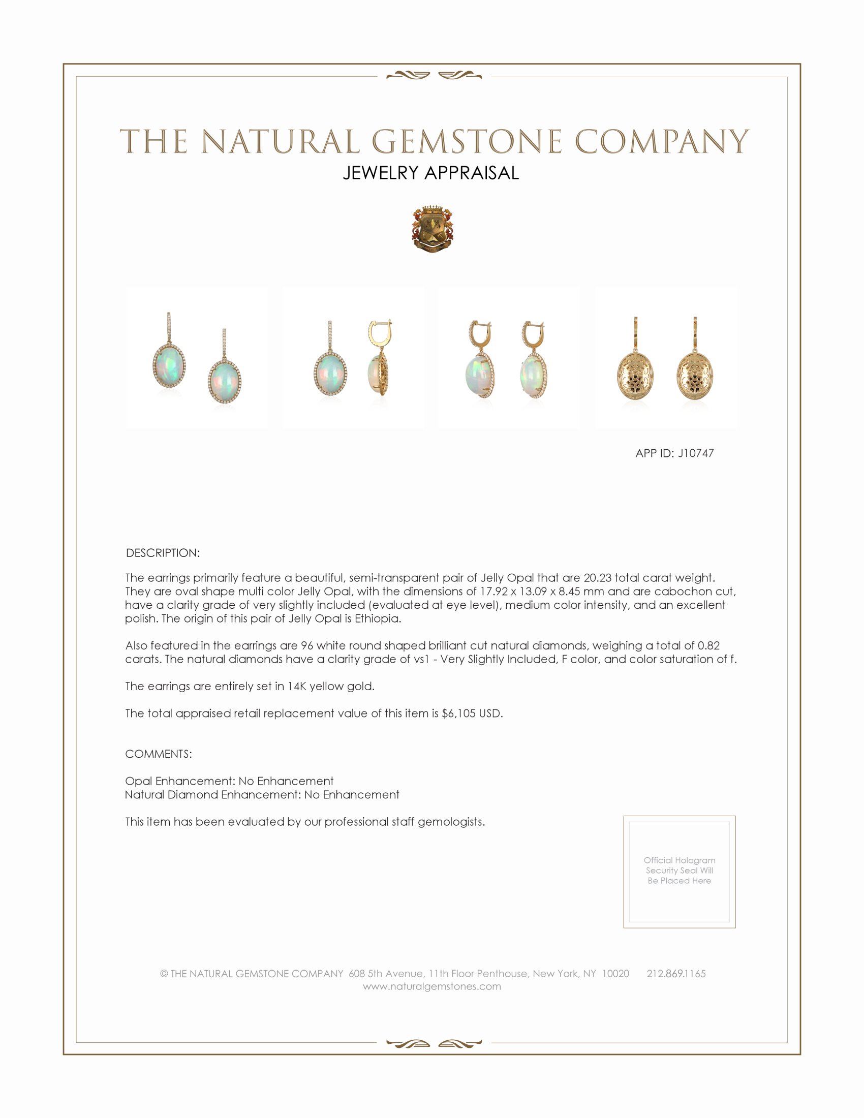 20.23 Ct.Tw. Opal Natural Diamond Halo Earrings, 14K Yellow Gold