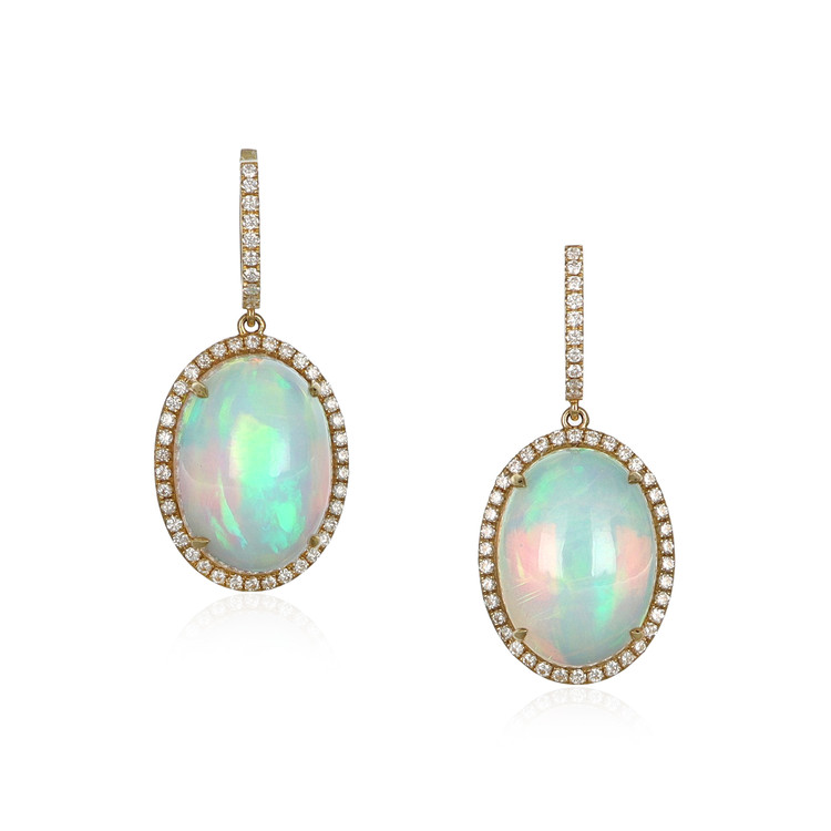 20.23 Ct.Tw. Opal Natural Diamond Halo Earrings, 14K Yellow Gold