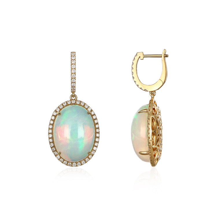 20.23 Ct.Tw. Opal Natural Diamond Halo Earrings, 14K Yellow Gold