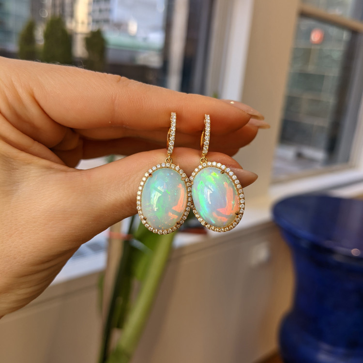 20.23 Ct.Tw. Opal Natural Diamond Halo Earrings, 14K Yellow Gold