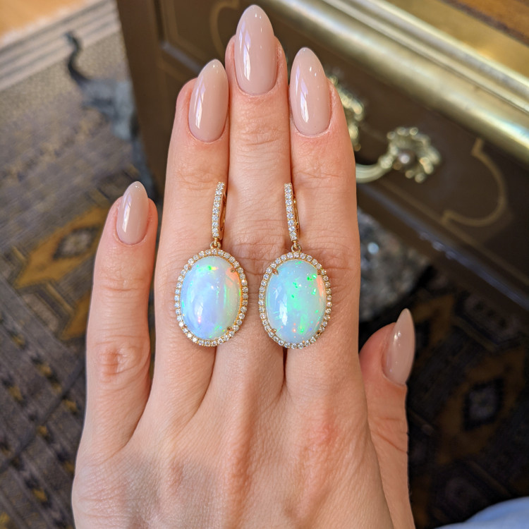 20.23 Ct.Tw. Opal Natural Diamond Halo Earrings, 14K Yellow Gold