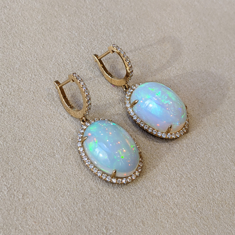 20.23 Ct.Tw. Opal Natural Diamond Halo Earrings, 14K Yellow Gold