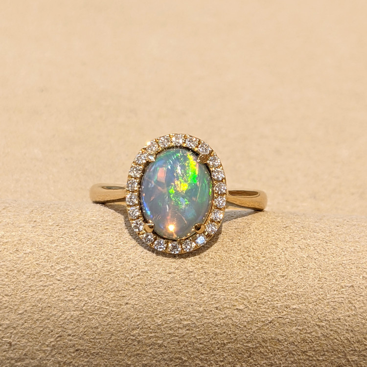 1.74 Ct. Opal Natural Diamond Antique Style Ring, 14K Yellow Gold