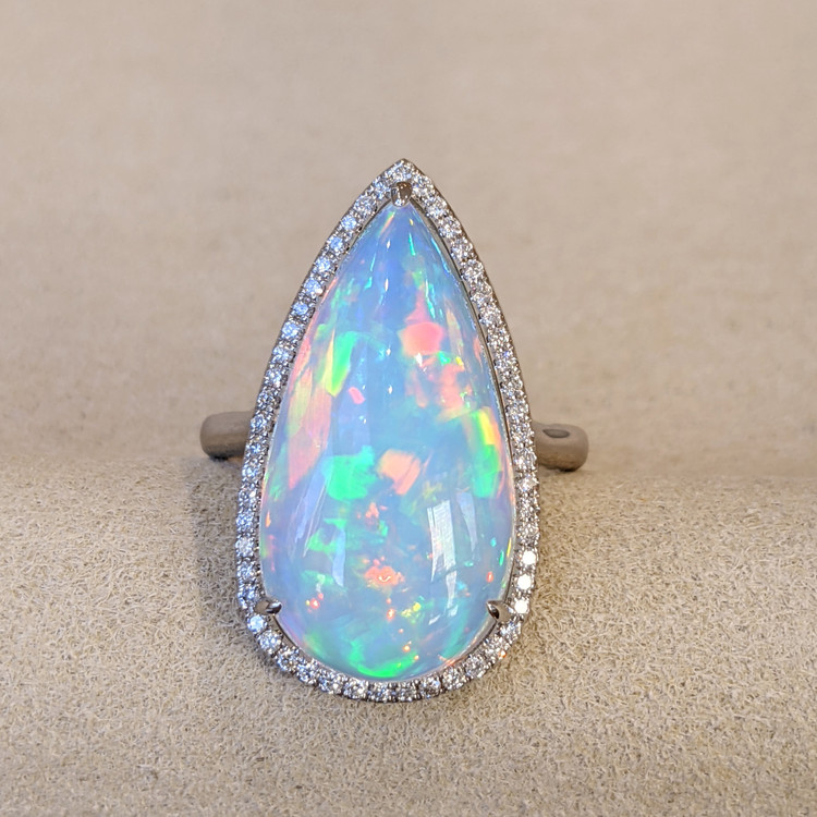 10.10 Ct. Opal Natural Diamond Pave Ring, 14K White Gold