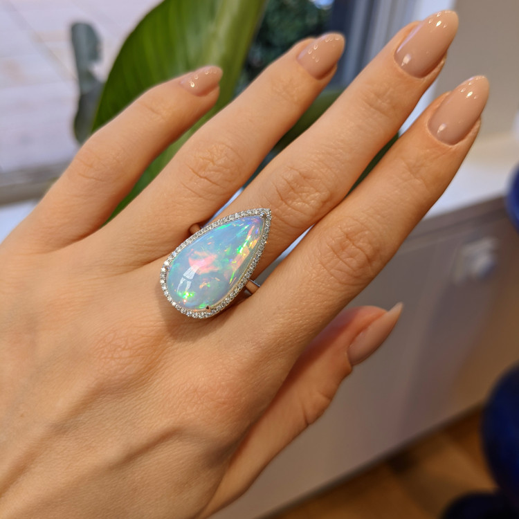 10.10 Ct. Opal Natural Diamond Pave Ring, 14K White Gold