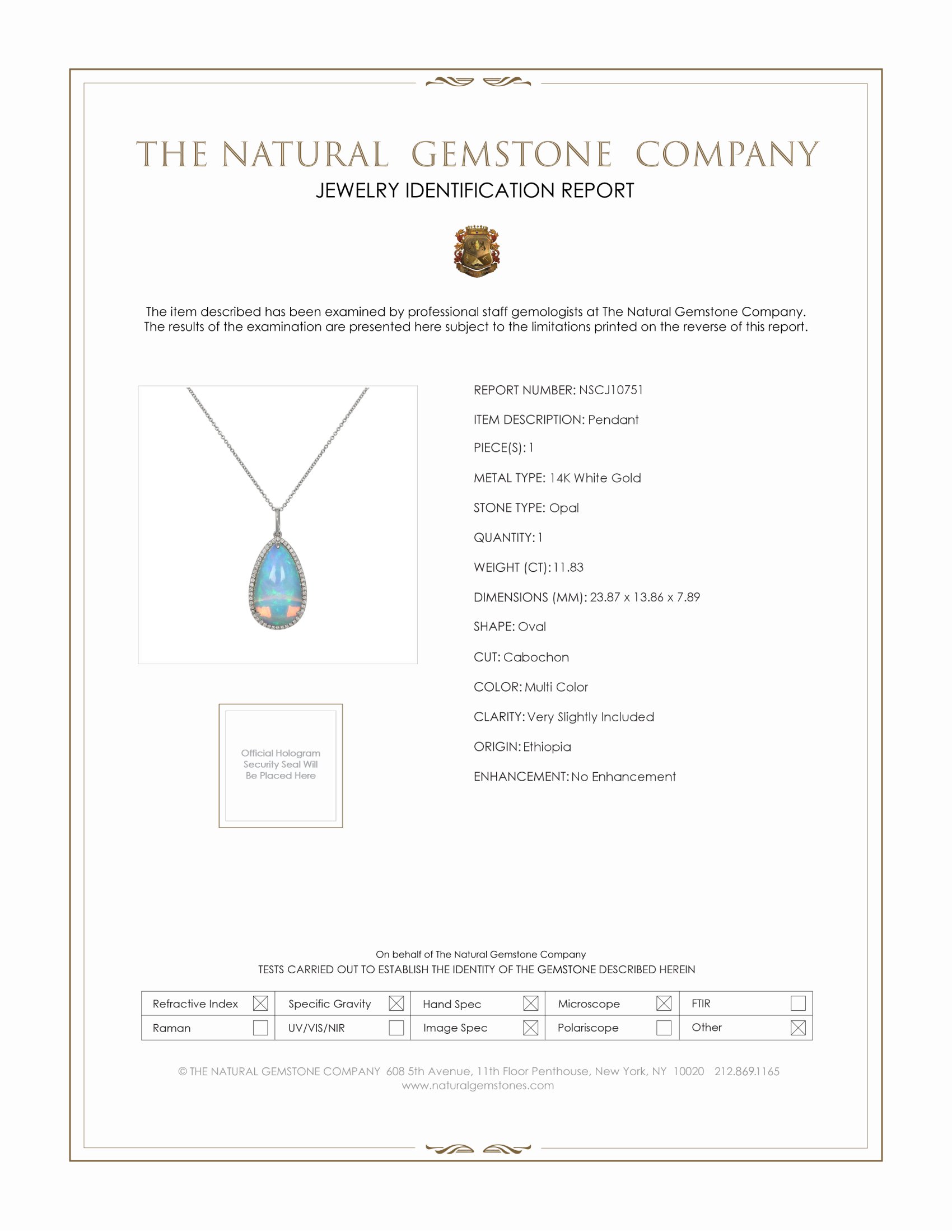 11.83 Ct. Opal Natural Diamond Halo Pendant, 14K White Gold