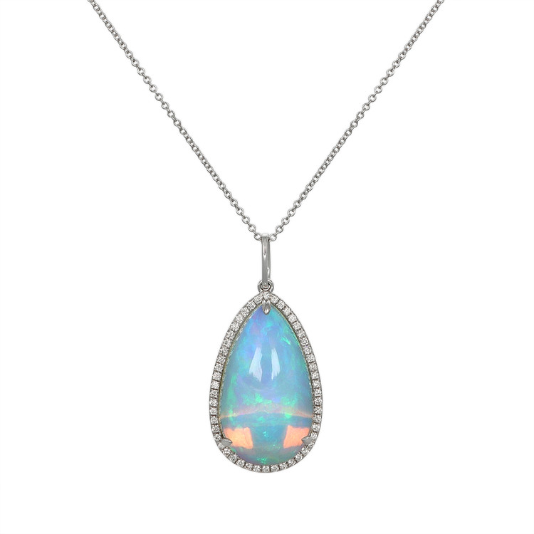 11.83 Ct. Opal Natural Diamond Halo Pendant, 14K White Gold